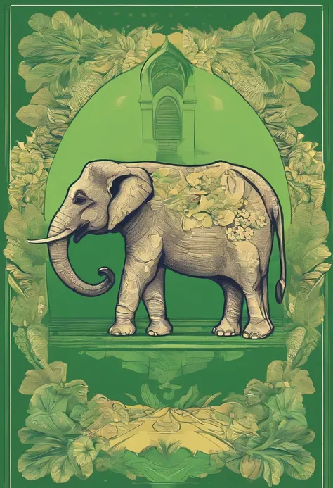 Earth Day poster，flatillustration，Super cute elephant on green spherical earth，Thai construction golden tower，Banana leaves，Blue-gray elephant，the trees，florals，scenecy，blue colors，green color，amarelo，simple backgound，Center composition，vivd colour，lightan...