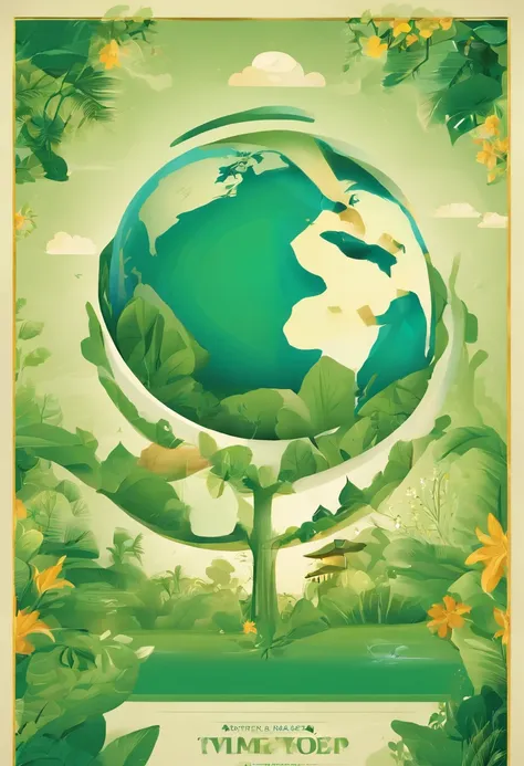 Earth Day poster，flatillustration，Super cute elephant on green spherical earth，Thai construction golden tower，Banana leaves，Blue-gray elephant，the trees，florals，scenecy，blue colors，green color，amarelo，simple backgound，Center composition，vivd colour，lightan...