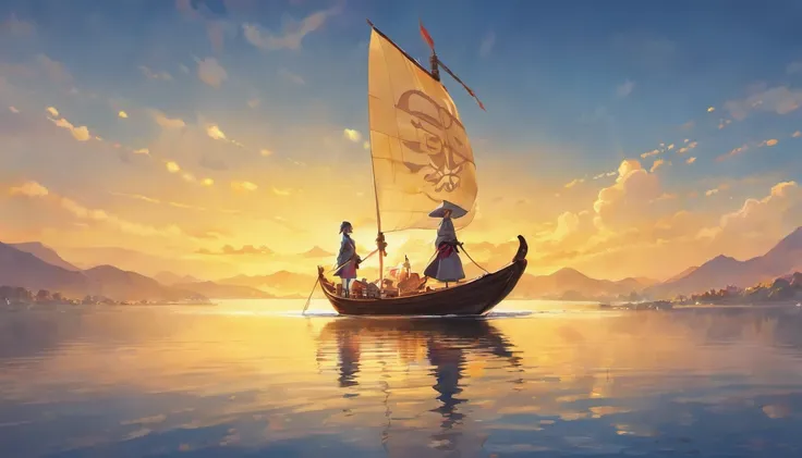 Draw boats in lakes with mountains and sun,Huge golden sails，dreamlike digital painting, fantasy digital painting, fantasy. gondola boat, Chinese style painting, digital cartoon painting art, glossy digital painting, Chinese painting style, Digital fantasy...