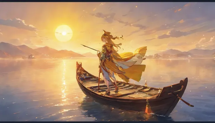 Draw boats in lakes with mountains and sun,Huge golden sails，dreamlike digital painting, fantasy digital painting, fantasy. gondola boat, Chinese style painting, digital cartoon painting art, glossy digital painting, Chinese painting style, Digital fantasy...