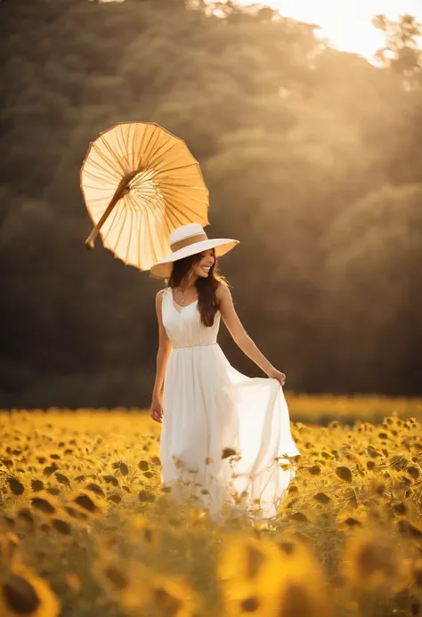 Fuwa Aika,1girl,solamente, (vestido de encaje blanco:1.2),vestido fluido (Sombrero de parasol:1.2), Campo de girasoles, Bajo la luz del sol, sonrisa ligera,Mirando al espectador, viento, dynamic, Luz y sombra fuertes,dynamic  pose,