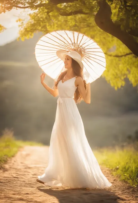 Fuwa Aika,1girl,solamente, (vestido de encaje blanco:1.2),vestido fluido (Sombrero de parasol:1.2), Campo de girasoles, Bajo la luz del sol, sonrisa ligera,Mirando al espectador, viento, dynamic, Luz y sombra fuertes,dynamic  pose,