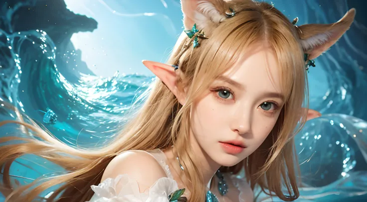 superfine illustration, very detailed beautiful face and eyes, Dynamic Angle, ocean floor, Upper body projection, Elven ears sticking out of the screen, From  above, Brown eyes