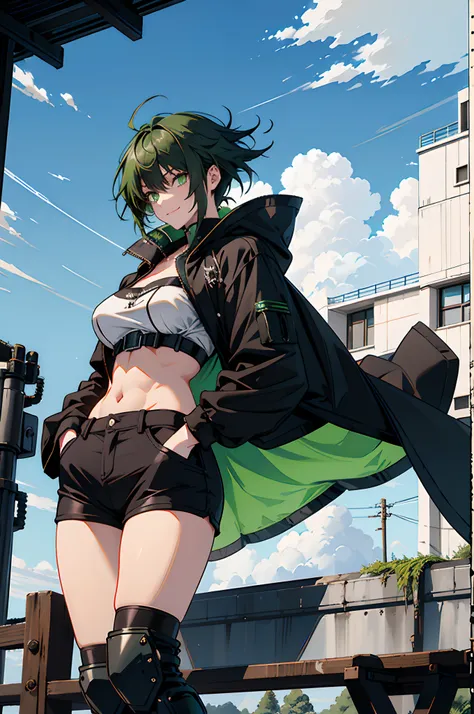 Pure sky，mechanical leg，Black mechanical legs，Plump legs，Green gem setting，Anime girl standing gracefully on the ground，Black cape and green hair, rogue anime girl, Anime girl standing, Wearing a cloak on the blasted plain, asuka suit under clothes!, Cybor...