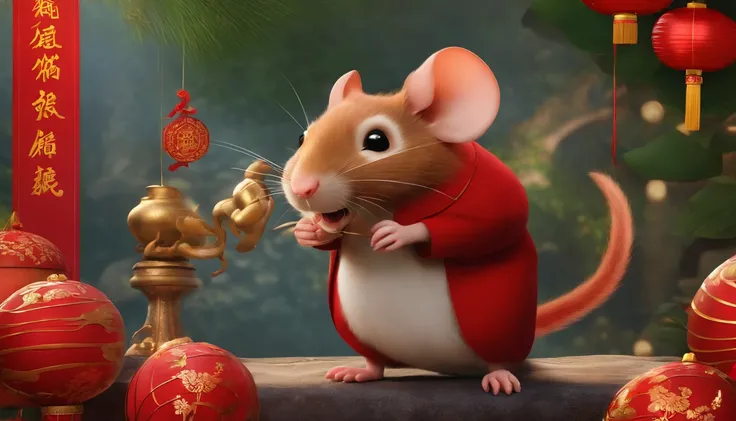 Chinese New Year，Rat，Big red，Cartoony，Commercial posters，There are decorations around，delight