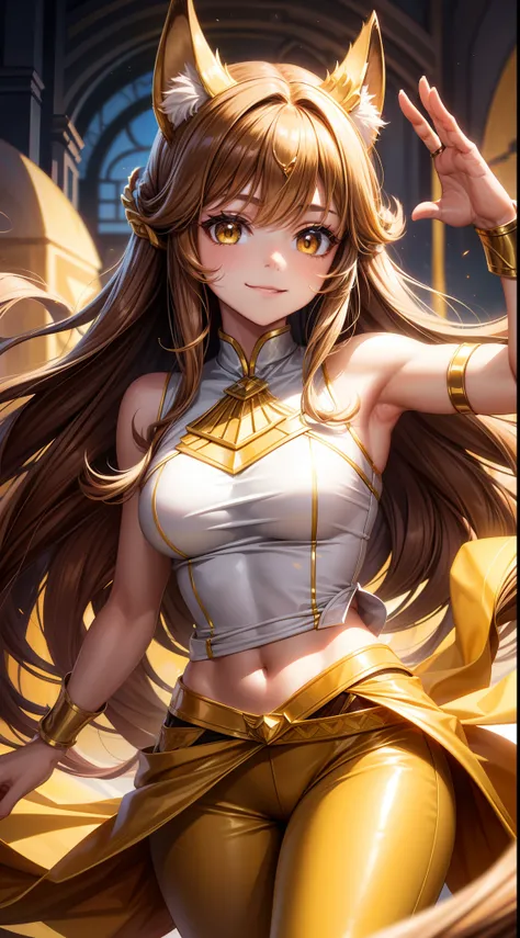 young girl, Long brown hair, cat ears, Yellow eyes, Smile, Brown tight upper, pants, diadem, Gold Elements, She-ra, Masterpiece, hiquality, 4k, HD, Good detail