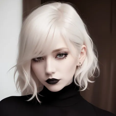 Best quality, masterpiece, super high resolution, (realism: 1.4), tattoos, white curly hair, short hair, pale skin, bedhead, goth, happy, wispy bangs, black textured turtleneck, black lipstick