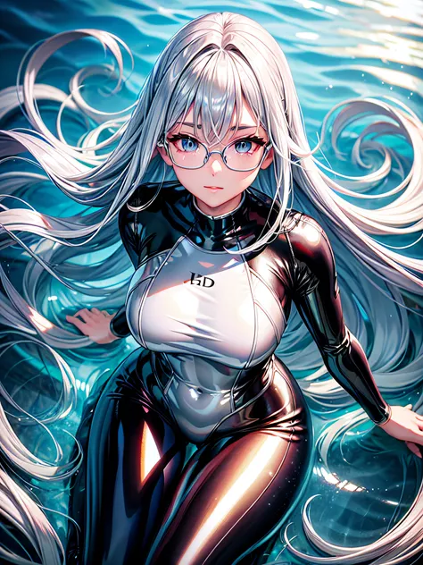 5 8K UHD、Silver shiny silver full body rider suit with glasses silver hair and nosed beauty floating underwater、Shiny silver latex slider suit with hidden skin