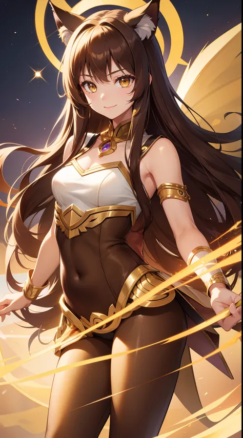 young girl, Long brown hair, cat ears, Yellow eyes, Smile, Brown tight upper, pants, diadem, Gold Elements, She-ra, Masterpiece, hiquality, 4k, HD, Good detail