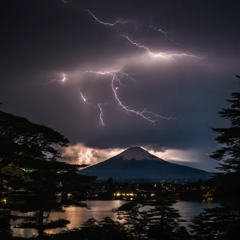 Master Parts、Superior Quality、superior image quality、The 8k quality、Beautiful photos of lightning:1.9、magnifica、(Mt. Fuji seen from Lake Shoji:1.9)、(((Dramatic Lightning:1.9)))