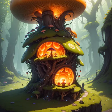 (Masterpiece), Best Quality), (Ultra high Detailed), Fantasy Concept, Fantasy Jungle, a fantastic, rounded cute poisonous mushroom, a fluorescent orange a big tall slice in the center of the screen,Small cute poisonous mushrooms around,