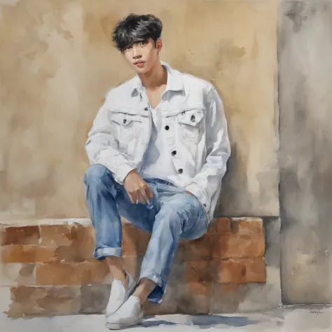 Alafed male model in white jeans and denim jacket leaning against wall, Jinyoung Shin, model with attractive body, Cai Xukuns, taejune kim, male model, siwoo kim, inspired by Joong Keun Lee, Hyuntae, inspired by jeonseok lee, sun-hyuk kim, with handsome bo...