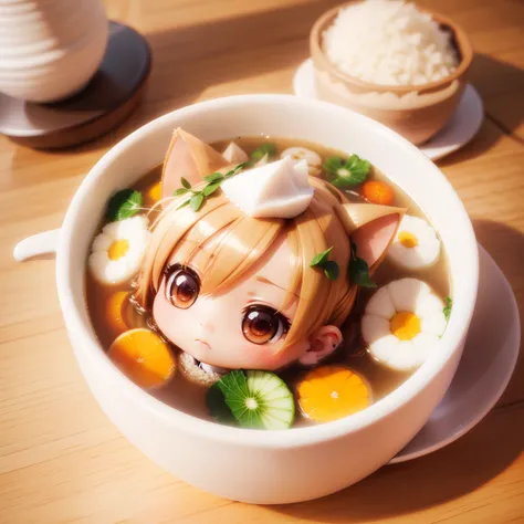 (((chibi 3d))) Cute and beautiful chibi anime//Empty hairstyle with white shortcuts,Rice in a bowl🍚,Masudas pose🙏,corn soup,Seafood Salad🥗,Placemat,