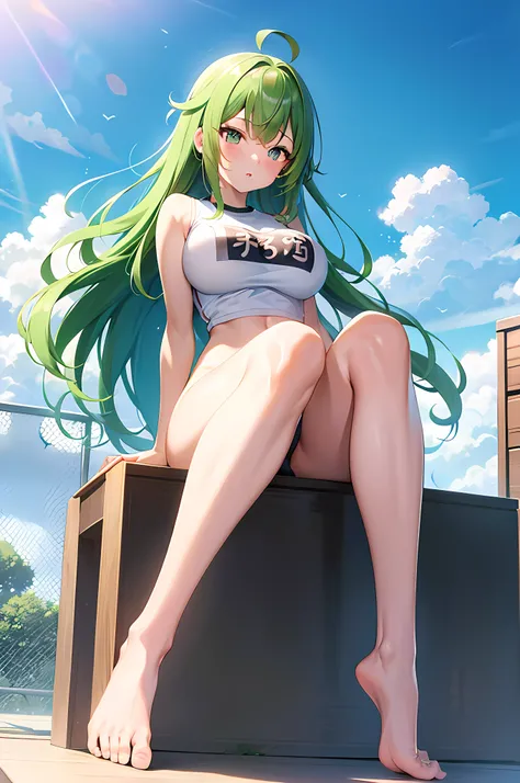 (masterpiece), best quality, expressive eyes, perfect face, anime girl with green shiny hair and gym uniform, seductive anime girl, medium_oppai, beautiful alluring anime woman, hajime yatate, female anime character, official anime still, beautiful allurin...