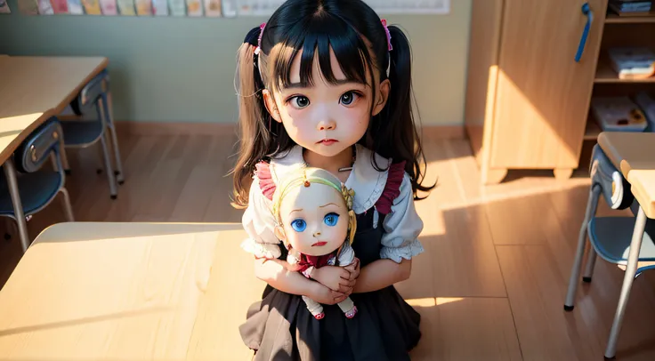 Girl with evil face with a doll in her hand, in a kindergarten class