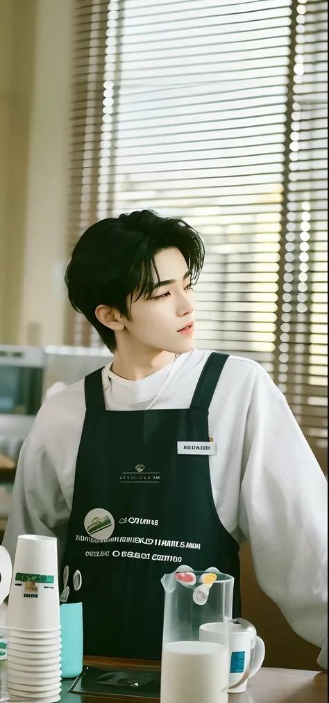 Jaemin nct dengan pakaian ala barista tengah menoleh melirik ke arah jendela.