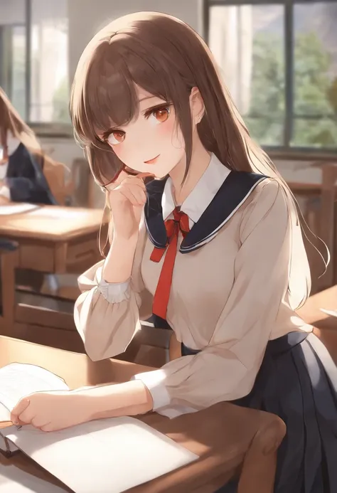 ((Masterpiece, Best quality)),Best-aesthetic,1girll, school uniform, desk, Sitting, classroom desk, Brown hair, Classroom, Long hair, Indoors, chair, view the viewer, :p, solofocus, Brown eyes, Skirt, Long sleeves, pencil, 1 boy, pencil case, Paper, Black ...