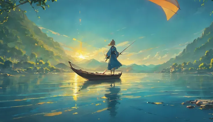 Draw boats in lakes with mountains and sun, Metal sails，dreamlike digital painting, fantasy digital painting, fantasy. gondola boat, Chinese style painting, digital cartoon painting art, glossy digital painting, Chinese painting style, Digital fantasy pain...