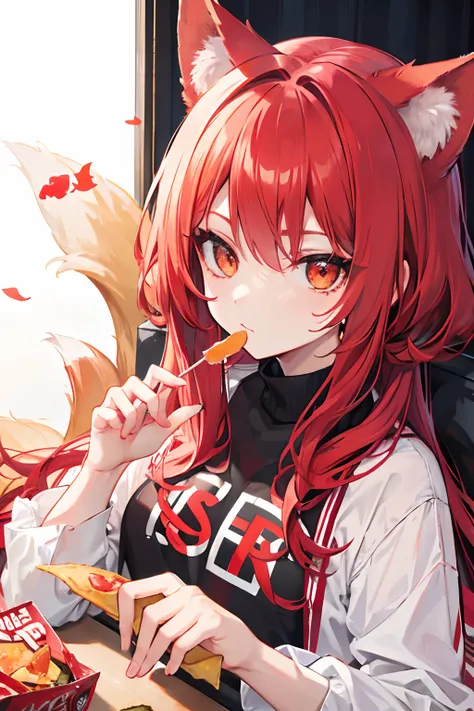 red tinted hair，fox ear，Golden eyes，potato chip，Snacks，lollipop，jello