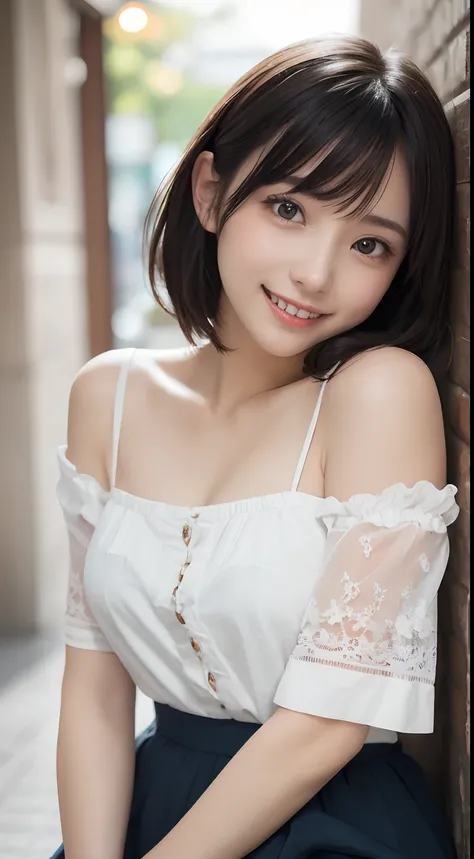 (Smile:1.3)、Raw photography、(((Ultimate beauty full body shooting)))、((glistning skin))、女の子1人、17-year-old beautiful girl in Prague、bright expression、((brown haired))、skirt by the、onepiece、bending forward、big breasts thin waist、thighs thighs thighs thighs、S...