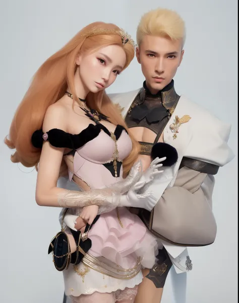 there is a woman and a man dressed in a costume, sakimichan and frank franzzeta, nixeu and sakimichan, wearing fantasy formal clothing, gregoire and manon, an elegant couple, style game square enix, aristocratic appearance, kda and sam yang, anime barbie i...