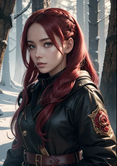 ((Best quality)) , ((Masterpiece)) , (Detailed) ,(Female:1.3)  , concept-art,  With the flow of lava, Red, Bloom Somali hairstyle, Hostile buckle, Nautical smartwatch, Forests and orchards, winter, Soft focus, Hyper Real, Horror, Golden ratio, Glenn Punk, ...