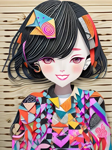 (masutepiece), (best quality),1girll、hair adornments、smile、geometric pattern background、disarray、paper cut out:1.8