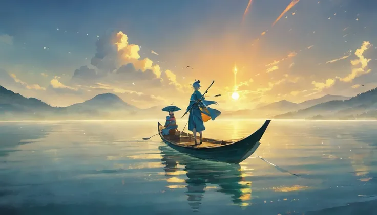 Draw boats in lakes with mountains and sun,dreamlike digital painting, fantasy digital painting, fantasy. gondola boat, Chinese style painting, digital cartoon painting art, glossy digital painting, Chinese painting style, Digital fantasy painting, 8k reso...