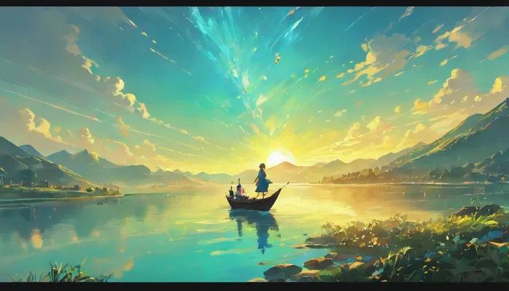 Draw boats in lakes with mountains and sun,Huge sails，dreamlike digital painting, fantasy digital painting, fantasy. gondola boat, Chinese style painting, digital cartoon painting art, glossy digital painting, Chinese painting style, Digital fantasy painti...