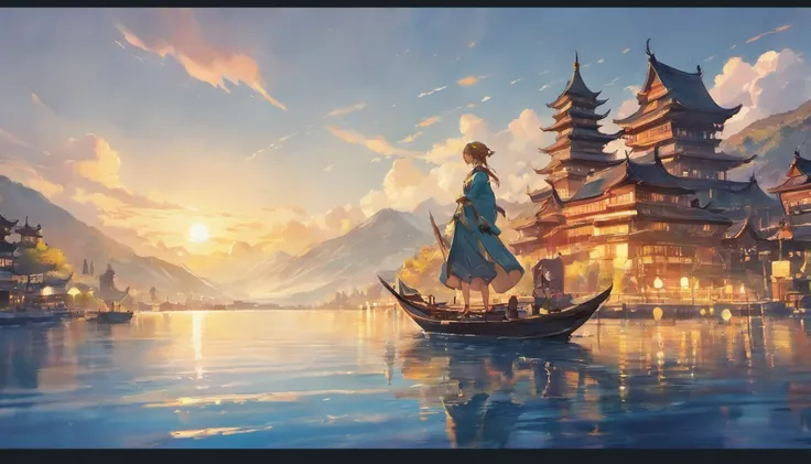 Draw boats in lakes with mountains and sun,Huge sails，dreamlike digital painting, fantasy digital painting, fantasy. gondola boat, Chinese style painting, digital cartoon painting art, glossy digital painting, Chinese painting style, Digital fantasy painti...