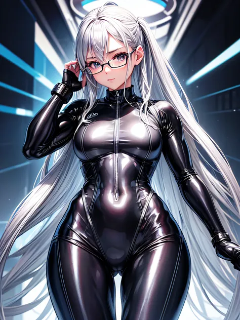 5 8K UHD、Muscular beauty with silver hair and nose in shiny silver wetsuit wearing glasses with hands on her head、Shiny silver latex wetsuit with hidden skin、Up from the waist up from the front