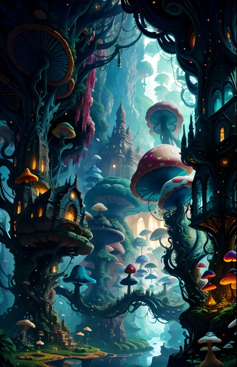 A surreal landscape with giant mushrooms and intricate architecture, bathed in a soft and ethereal light that highlights every intricate detail and adds a dreamlike quality to the scene, There is a cave in the midst of the giant vines that can be explored,...