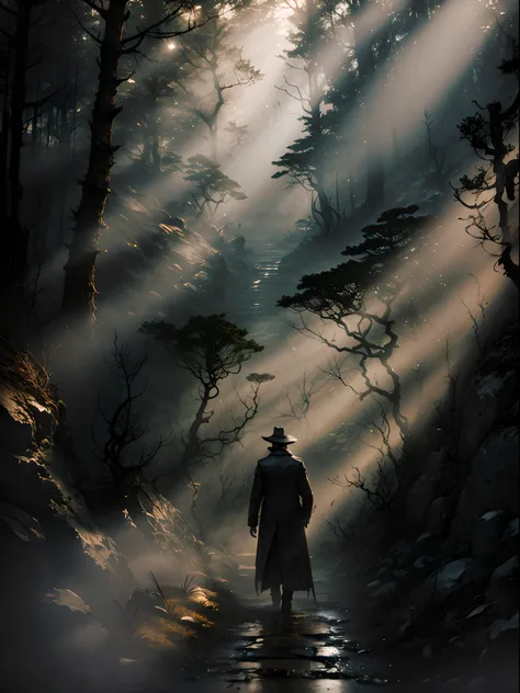 Man walking away from viewer, gloomy, dark, scary, volumetric lighting, scattered sun rays, far from viewer, wearing a trenchcoat, back view, short hat, (dense mist), ((dense forest)), low camera angle