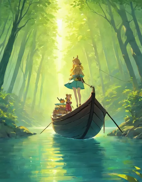 Draw boats in lakes with mountains and sun,Huge sails，dreamlike digital painting, fantasy digital painting, fantasy. gondola boat, Chinese style painting, digital cartoon painting art, glossy digital painting, Chinese painting style, Digital fantasy painti...