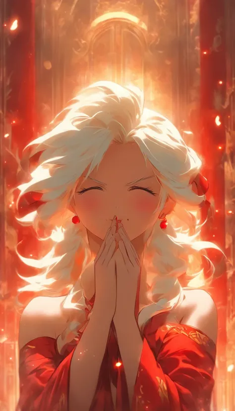 Animated girl with white hair, blindfold in red dress, god with white hair, hands clasped, praying, illusory fantasy, Gouwitz, fantasy art style, white mask, beautiful fantasy girl, white eyed girl, beautiful girl, white haired girl, delicate white eyes, G...