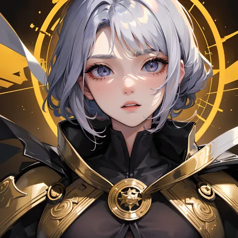 finest image, portrait, detailed and delicate depiction, a female warrior wearing a long black leather coat, sexy, beautiful, cute, abs, slender, amorous expression, lewd expression, light silver glossy braided bangs short hair, light blue sparkling big ey...