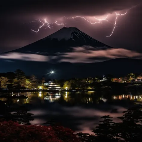 Master Parts、Superior Quality、superior image quality、The 8k quality、Beautiful photos of lightning:1.9、magnifica、(mont. Fuji seen from Lake Shoji:1.9)、Only the surface of the lake, the mountains and the sky:1.9, (((Dramatic Lightning:1.9)))