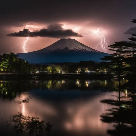 Master Parts、Superior Quality、superior image quality、The 8k quality、Beautiful photos of lightning:1.9、magnifica、(mont. Fuji seen from Lake Shoji:1.9)、Only the surface of the lake, the mountains and the sky:1.9, (((Dramatic Lightning:1.9)))