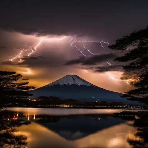 Master Parts、Superior Quality、superior image quality、The 8k quality、Beautiful photos of lightning:1.9、magnifica、(mont. Fuji seen from Lake Shoji:1.9)、Only the surface of the lake, the mountains and the sky:1.9, (((Dramatic Lightning:1.9)))