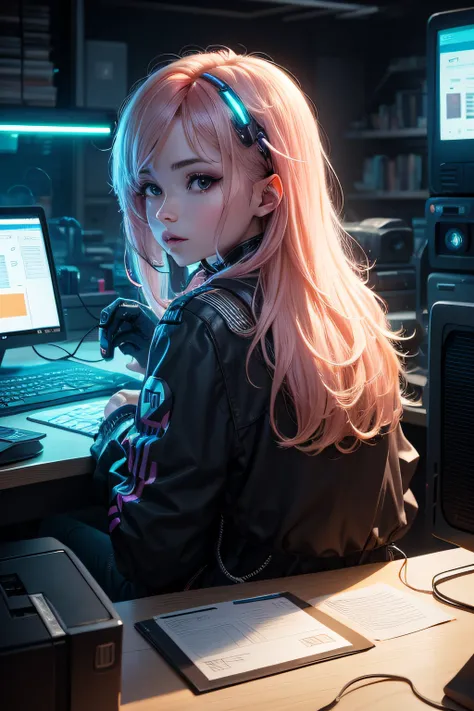 HP computer printer tech-sense, cyberpunk, light hair