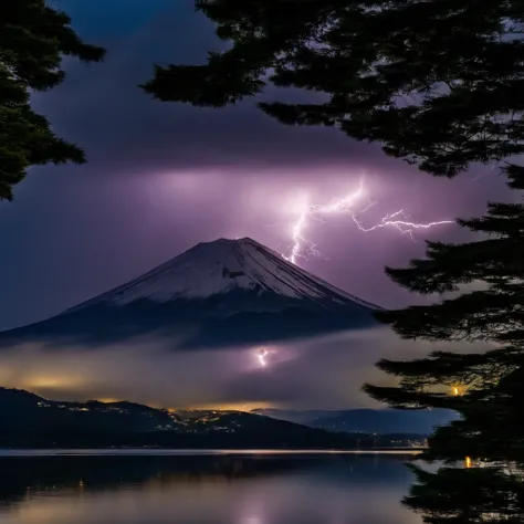 Master Parts、Superior Quality、superior image quality、The 8k quality、Beautiful photos of lightning:1.9、magnifica、(mont. Fuji seen from Lake Shoji:1.9)、Lake level only, Mountains and sky:1.9, (((Dramatic Lightning:1.9))), Pale lightning:1.9