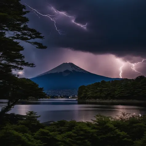 Master Parts、Superior Quality、superior image quality、The 8k quality、Beautiful photos of lightning:1.9、magnifica、(mont. Fuji seen from Lake Shoji:1.9)、Lake level only, Mountains and sky:1.9, (((Dramatic Lightning:1.9))), Pale lightning:1.9