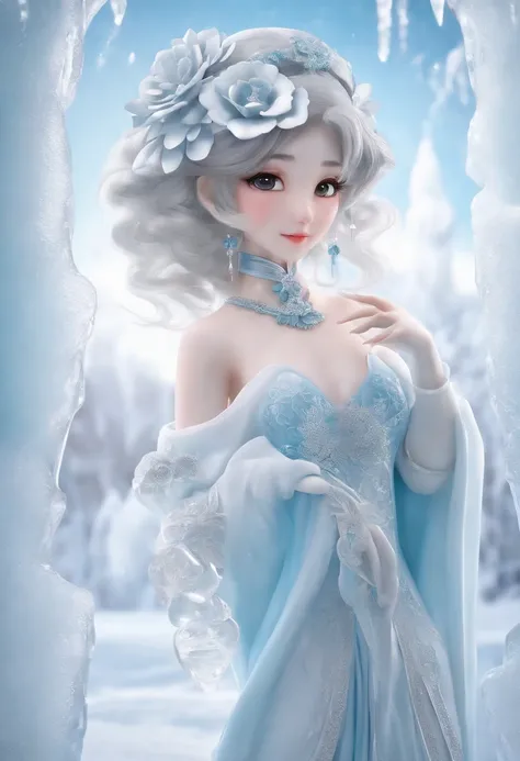 (ice - carving:1.4),Movie Angle,(Cute ice sculpture girl,Anatomically correct,full bodyesbian,Masterpiece ice sculpture camellia,Representative work Hanfu,Smile)