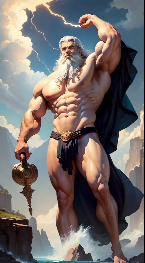 An oil painting of Zeus, god of Olympus, handsome, long straight nose, white beard, robust, sinewy muscles, shirtless, holding a thunderbolt, smiling, mount Olympus in background, by Frank Frazetta, by Boris Vallejo, by Louis Royo