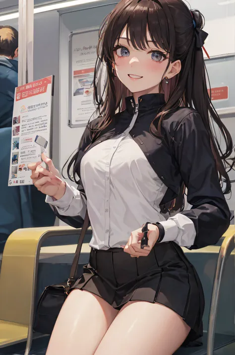 ((A sexy and beautiful woman is staring at me on the commuter train)), ((cutest 22-year-old beauty)), ((charming smile)), ((very long hair) ) , ((Mini Skirt)), ((Rich Bust)), Gradient Eyes, Seductive Makeup, Single View, NFFSW, UHD, Retina, Masterpiece, Ac...