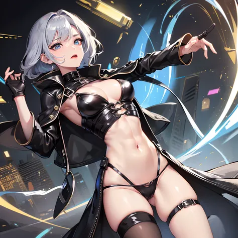 finest image, portrait, detailed and delicate depiction, a female warrior wearing a long black leather coat, sexy, beautiful, cute, abs, slender, amorous expression, lewd expression, ecstasy, orgasm, light silver glossy braided bangs short hair, light blue...