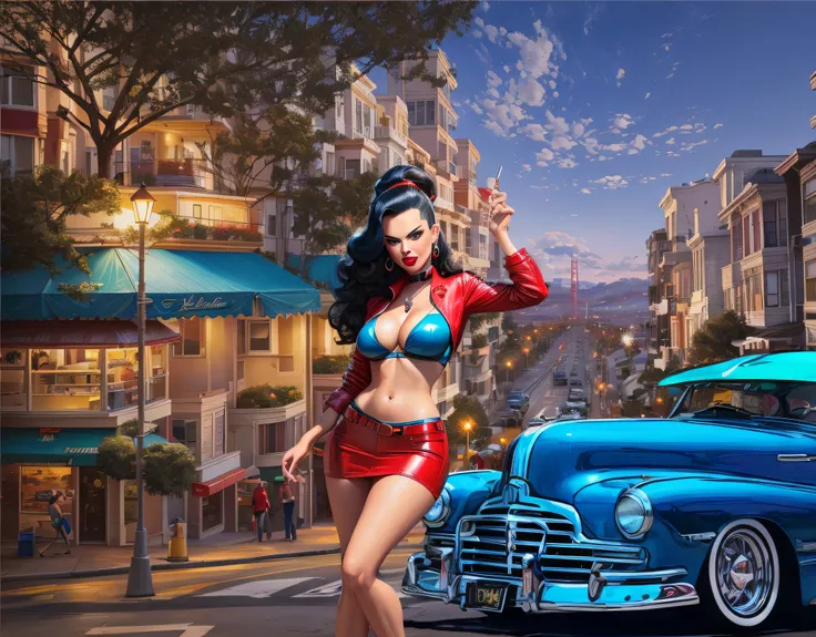 painting of a woman (Adriana Lima :1.1) red lips, green eyes in a bikini and red leather jacket standing next to a blue car, pinup art, stylized urban fantasy artwork, inspired by Greg Hildebrandt, james gurney painting style, pin-up poster girl, official ...