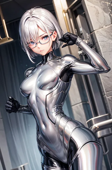 5 8K UHD、Muscular beauty with short silver hair in shiny full-body silver suit with glasses with hands folded behind her head、Shiny silver latex suit with hidden skin、Upper body only