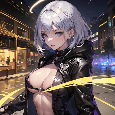 finest image, portrait, detailed and delicate depiction, a female warrior wearing a long black leather coat, sexy, beautiful, cute, abs, slender, amorous expression, lewd expression, ecstasy, orgasm, light silver glossy braided bangs short hair, light blue...