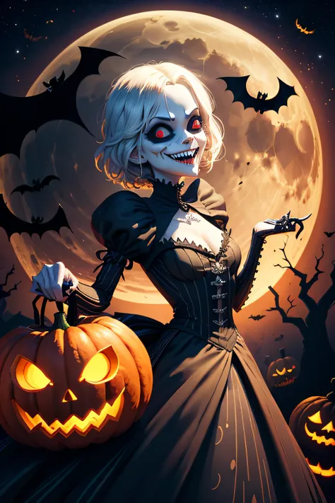 Jack Skellington, laughing, evil, Halloween town, pumpkins, bats, moonlight,